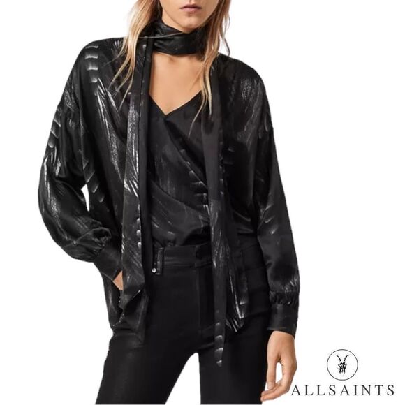 AllSaints **NWT** Cesey Viola Silk-Blend Top in Black - Picture 1 of 9